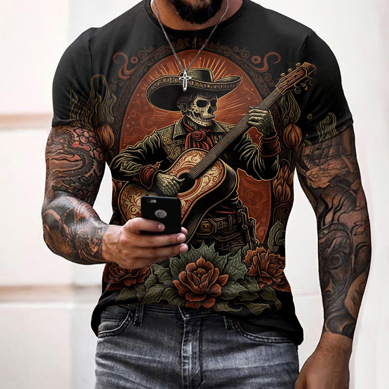 Mariachi Day Of The Dead Guitar Player Art Pattern Print Cotton Graphic T-Shirt