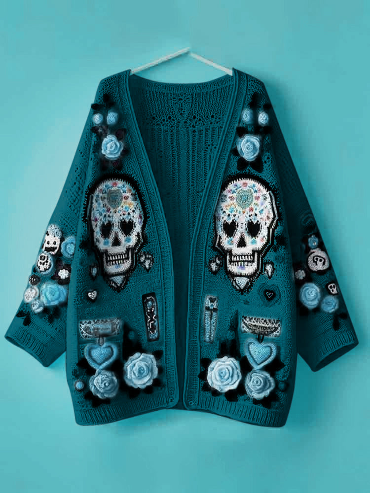 Women's Day Of The Dead Skull Rose Heart Pattern Sweater Cardigan