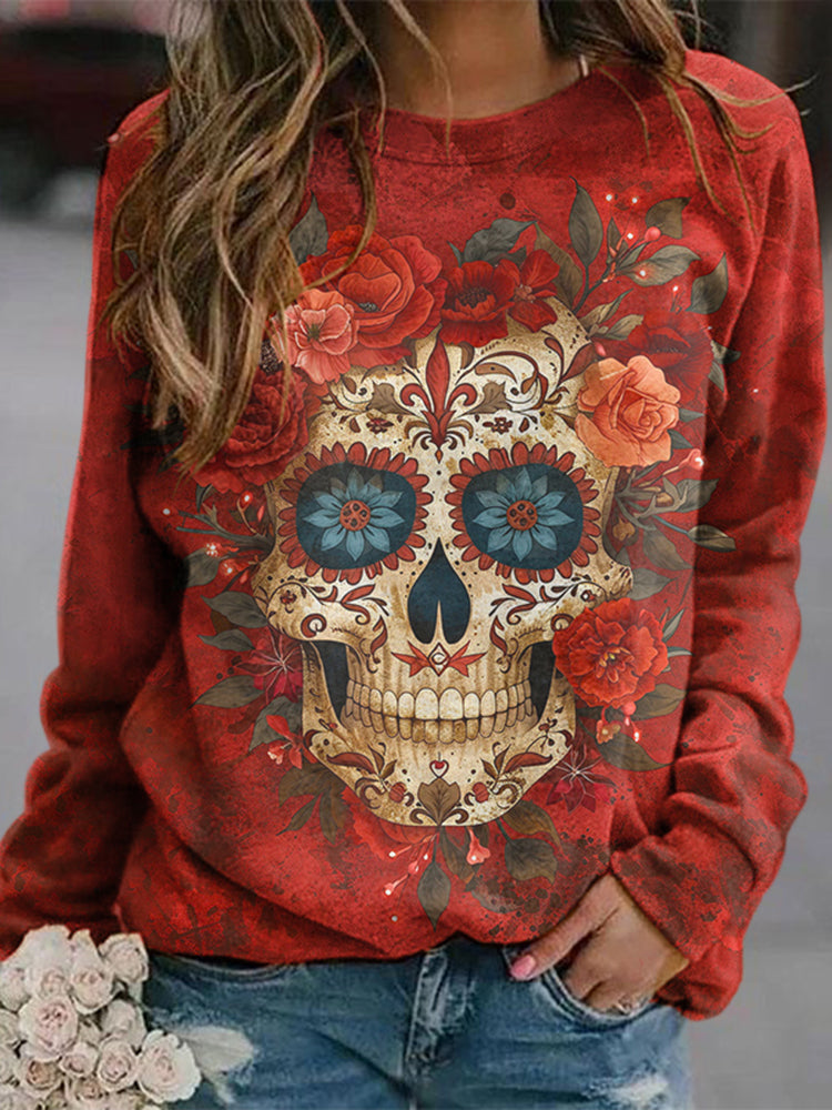 Mexican Day Of The Dead Skull Print Crew Neck Sweatshirt