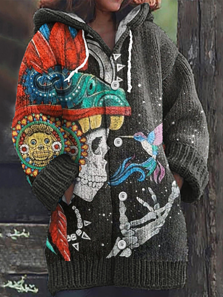 Vintage Day Of The Dead Skull Hummingbird Art Knit Cardigan Sweater