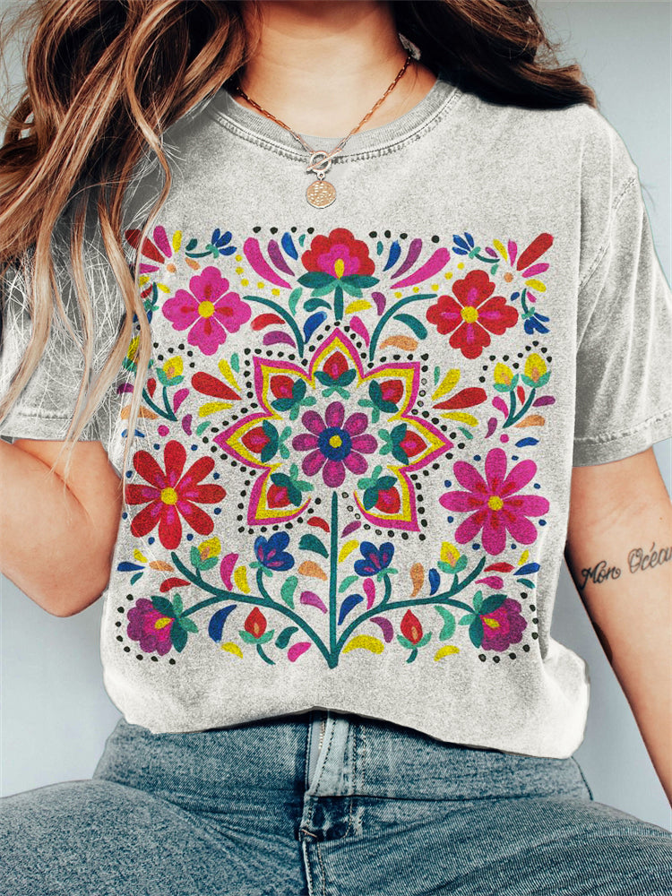 Ethnic Mexican Flowers Art Vintage Washed T Shirt