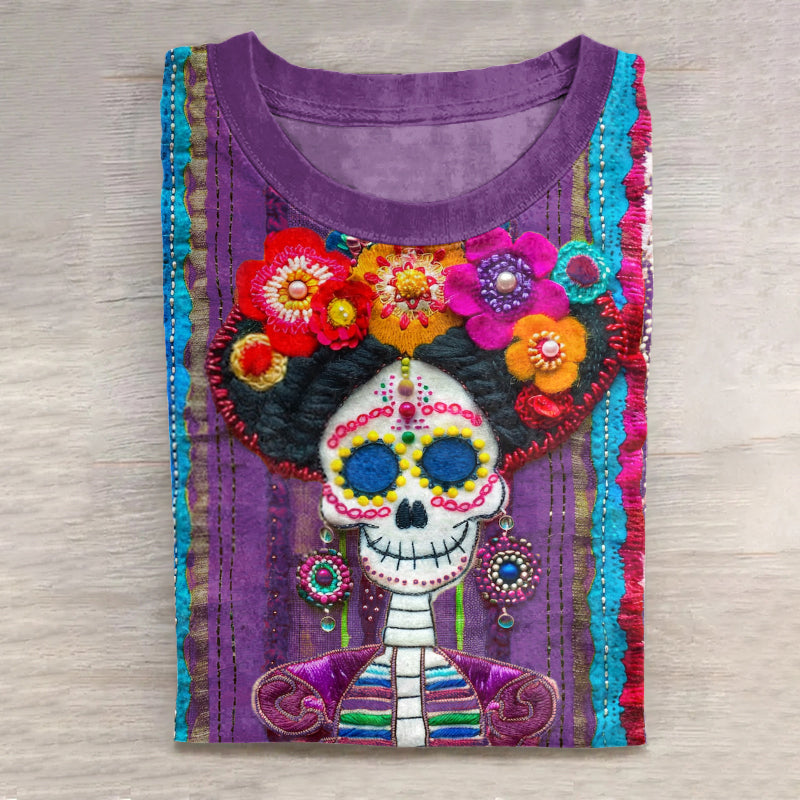 Mexican Sugar Skeleton Catrina Day Of The Dead Inspired Cotton Graphic T-Shirt