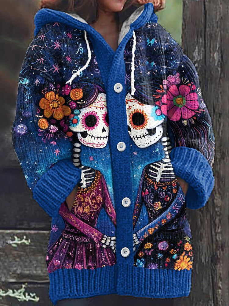 Vintage Mexican Day Of The Dead Floral Skull Knitted Cardigan Sweater