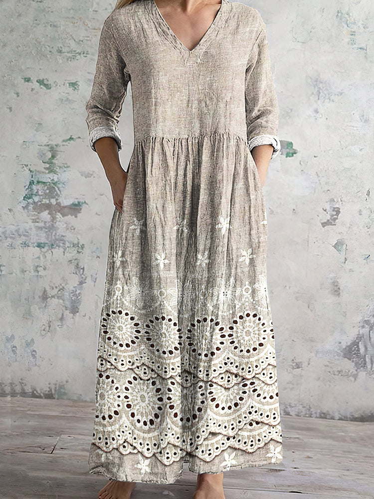 Vintage Floral Embroidered Lace Art Women's Linen Dress