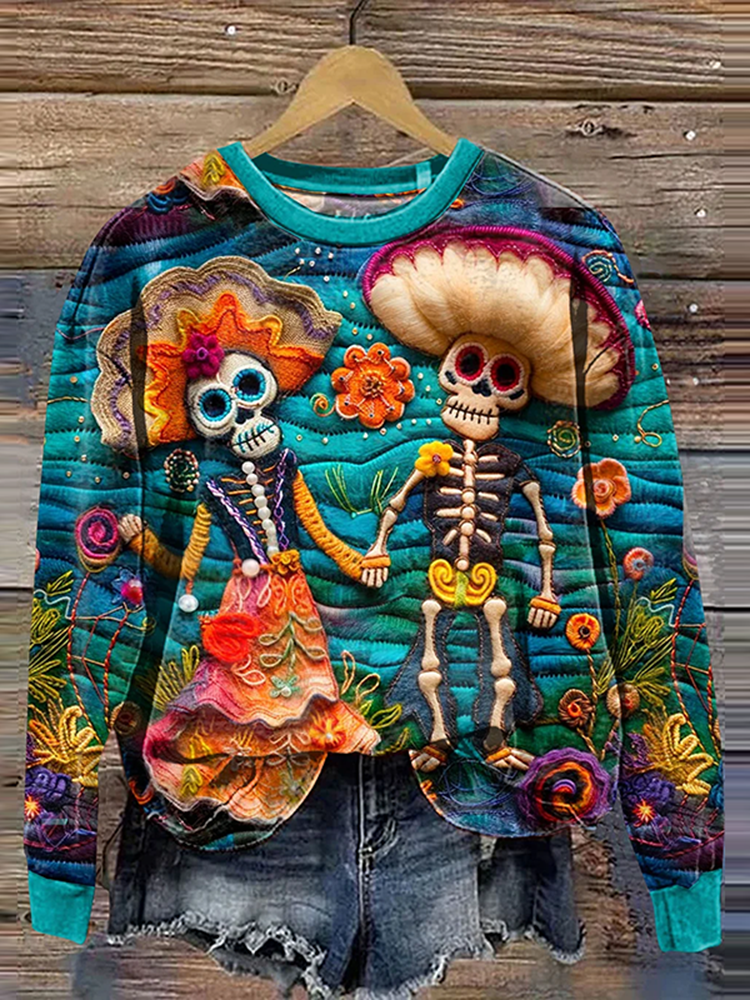 Mexican Festive Sugar Skeleton Couple Catrina Day Of The Dead Inspired Art Printed Sweatshirt