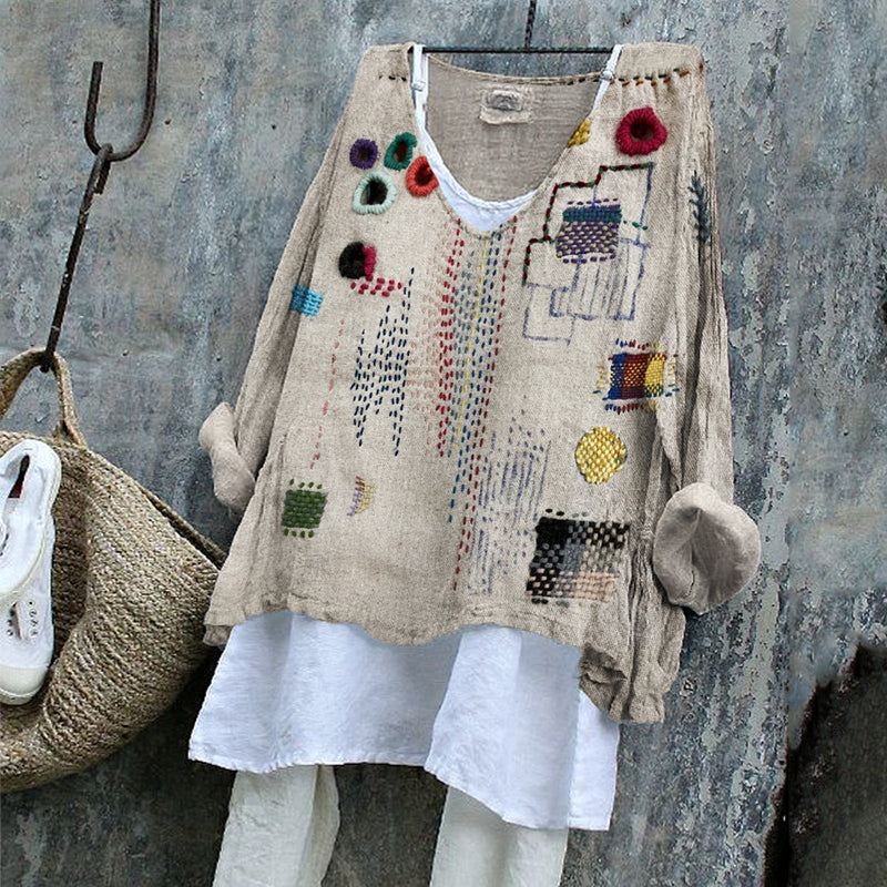 Colorful Embroidered Japanese Sashiko Art Linen Blend Tunic