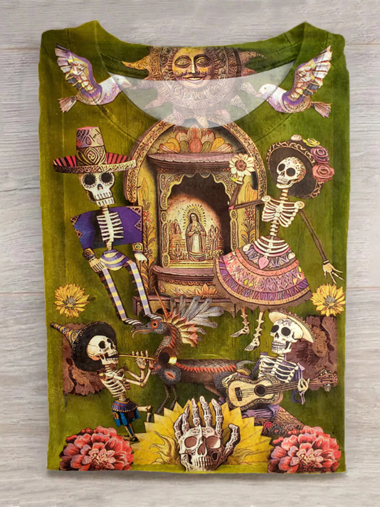 Mexican Day Of The Dead Inspired Cotton Graphic T-Shirt