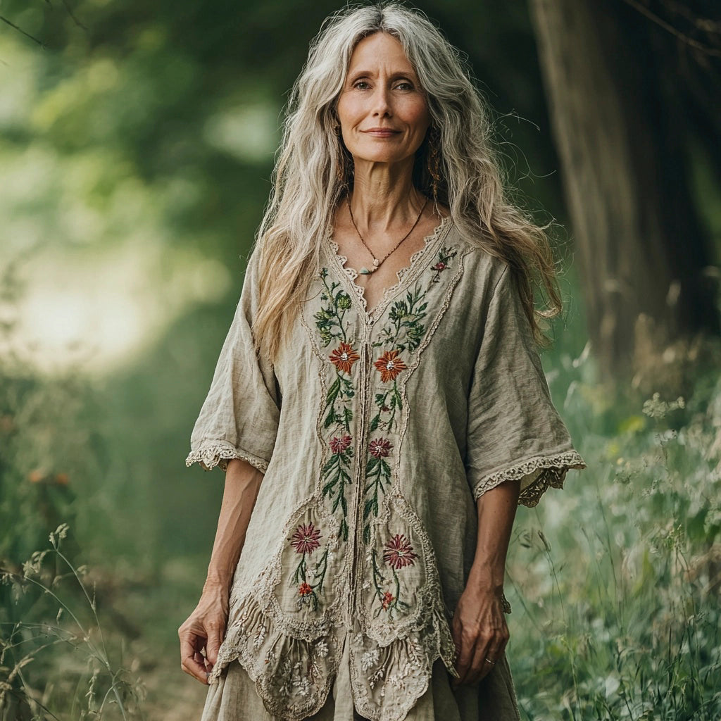 Forest Floral Embroidered Lace Patchwork Women's Linen Dress