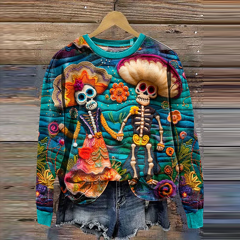 Mexican Festive Sugar Skeleton Couple Catrina Day Of The Dead Inspired Art Printed Sweatshirt