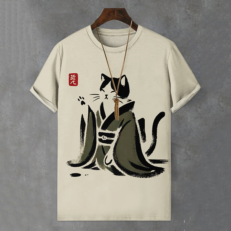 Men's Japanese Black Cat Art Print Comfortable T-shirt