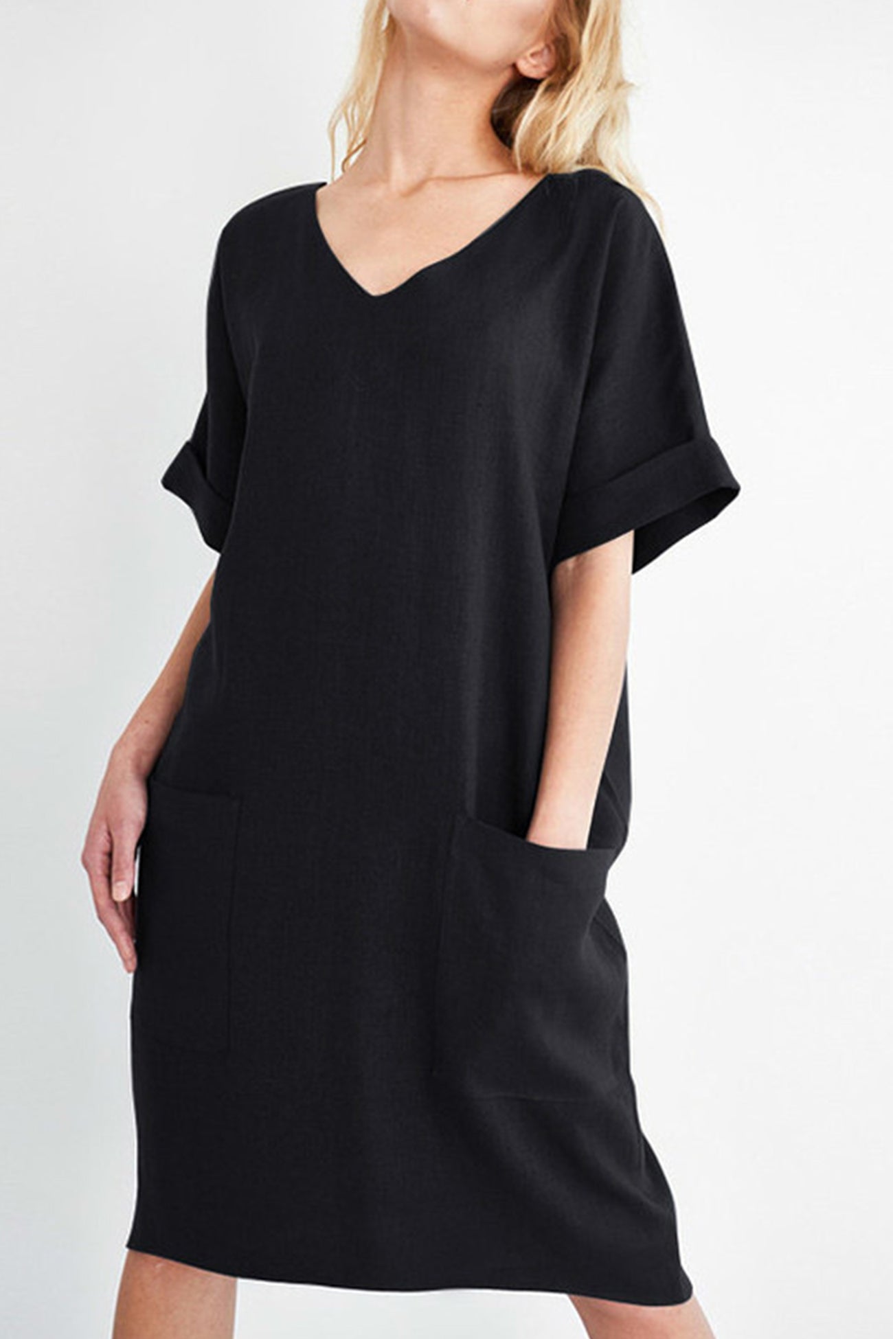V-Neck Short Sleeve Pocketed Cotton Dress