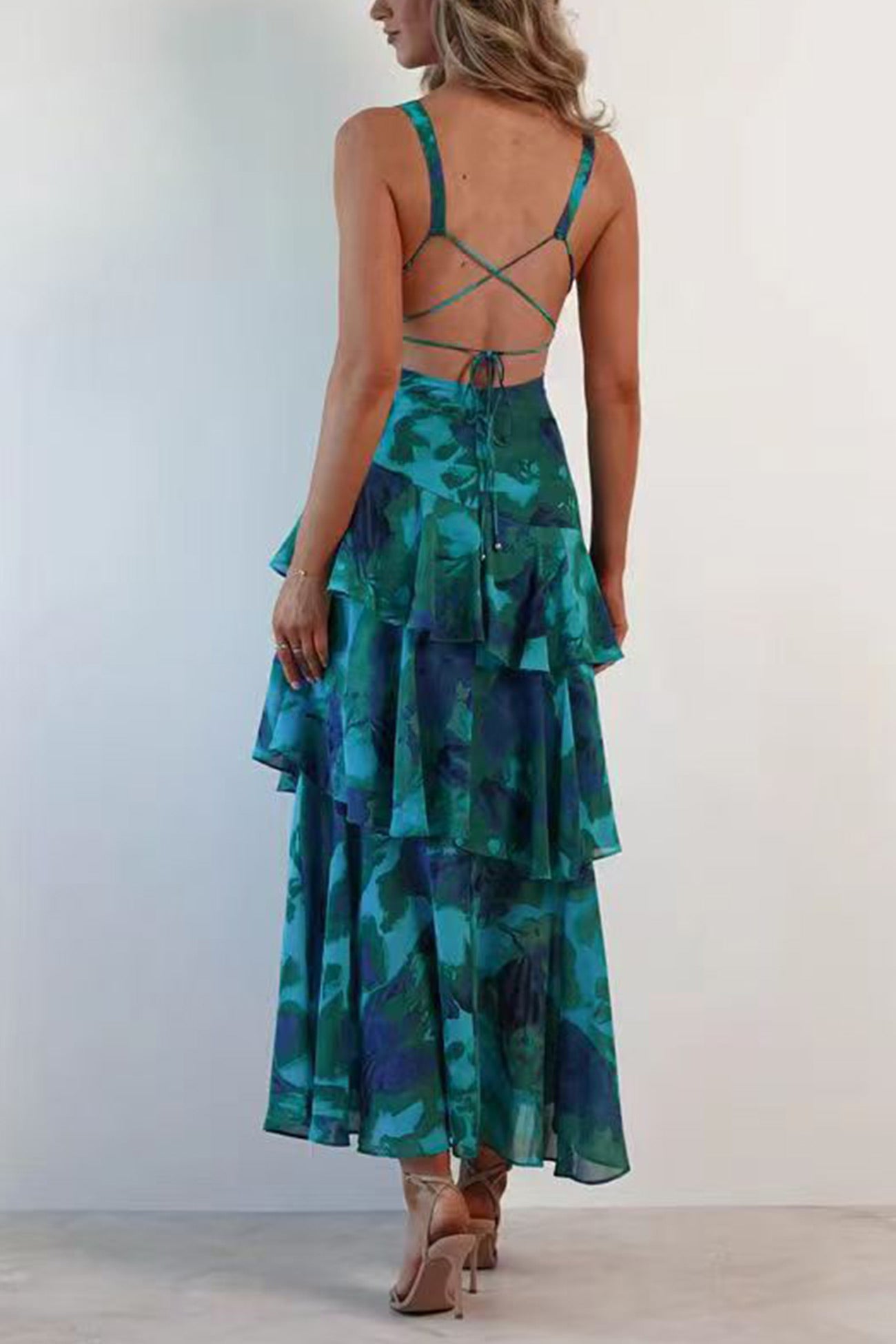 Floral Print Tie-up Back Chiffon Tiered Dress