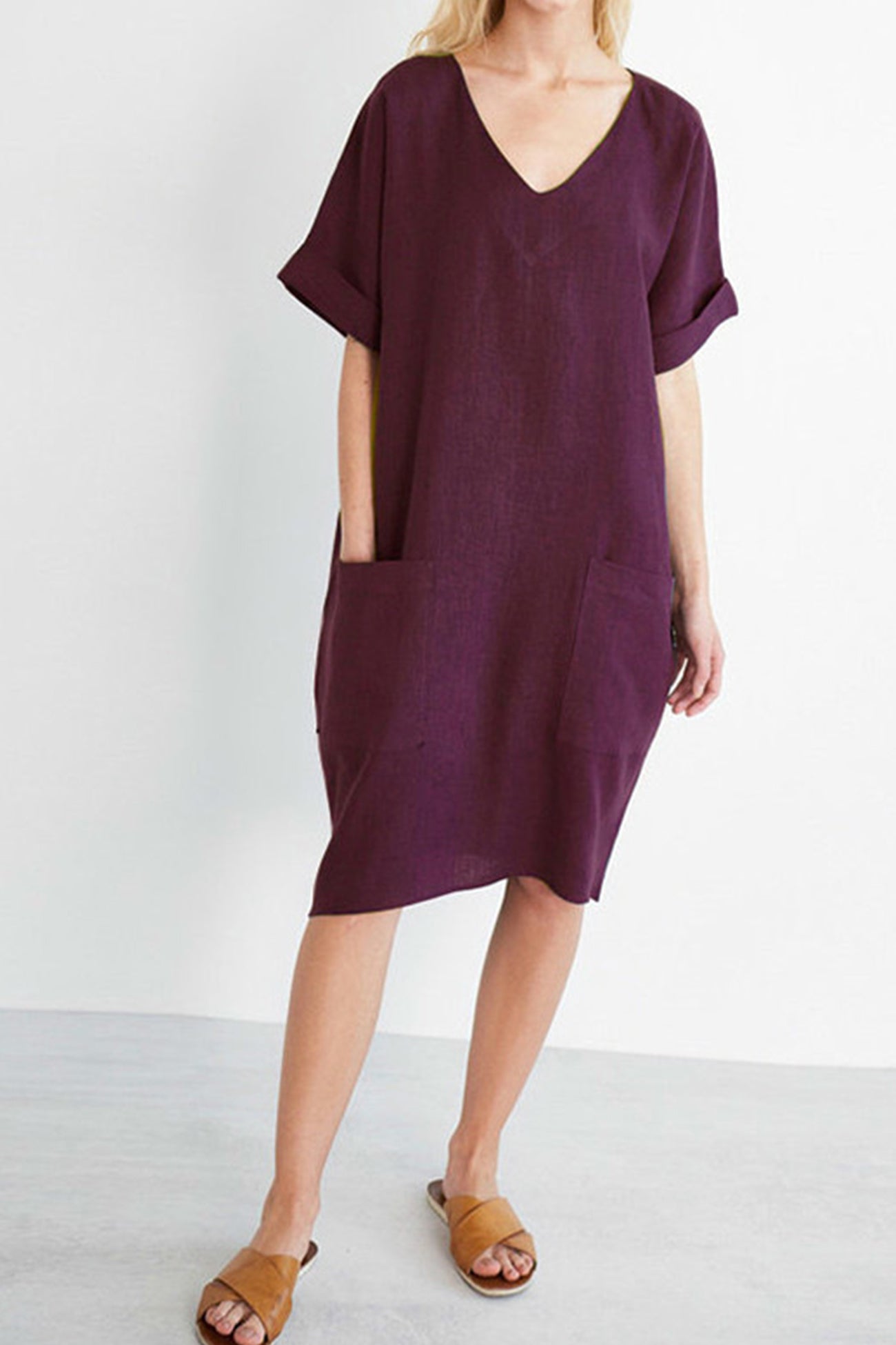 V-Neck Short Sleeve Pocketed Cotton Dress