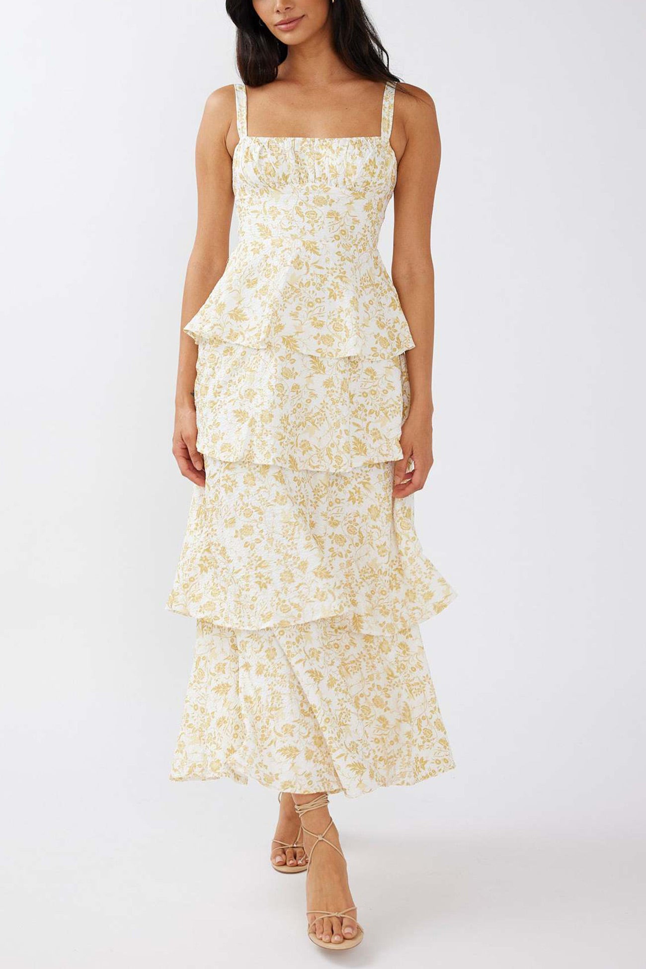Floral Print Tie-up Tiered Midi Dress