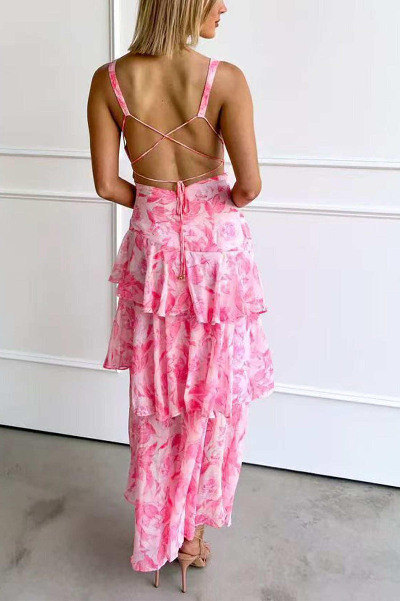 Floral Print Tie-up Back Chiffon Tiered Dress
