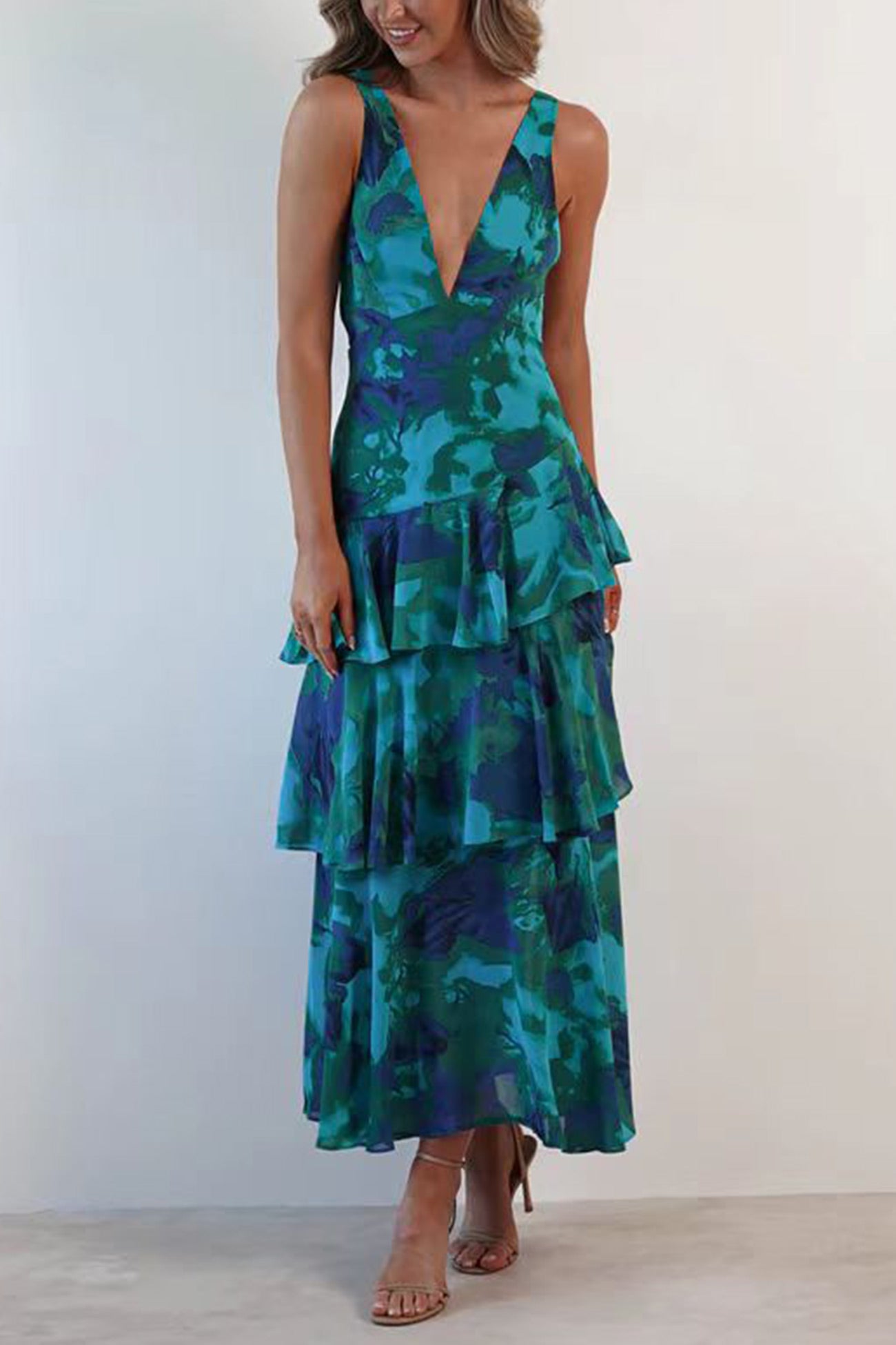 Floral Print Tie-up Back Chiffon Tiered Dress