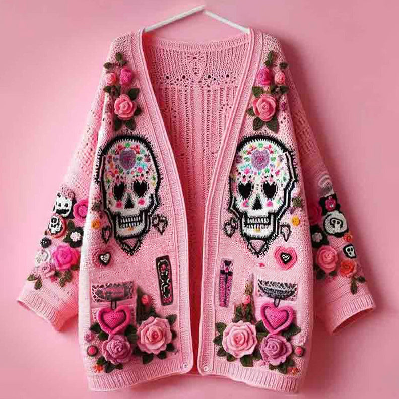 Women's Day Of The Dead Skull Rose Heart Pattern Sweater Cardigan