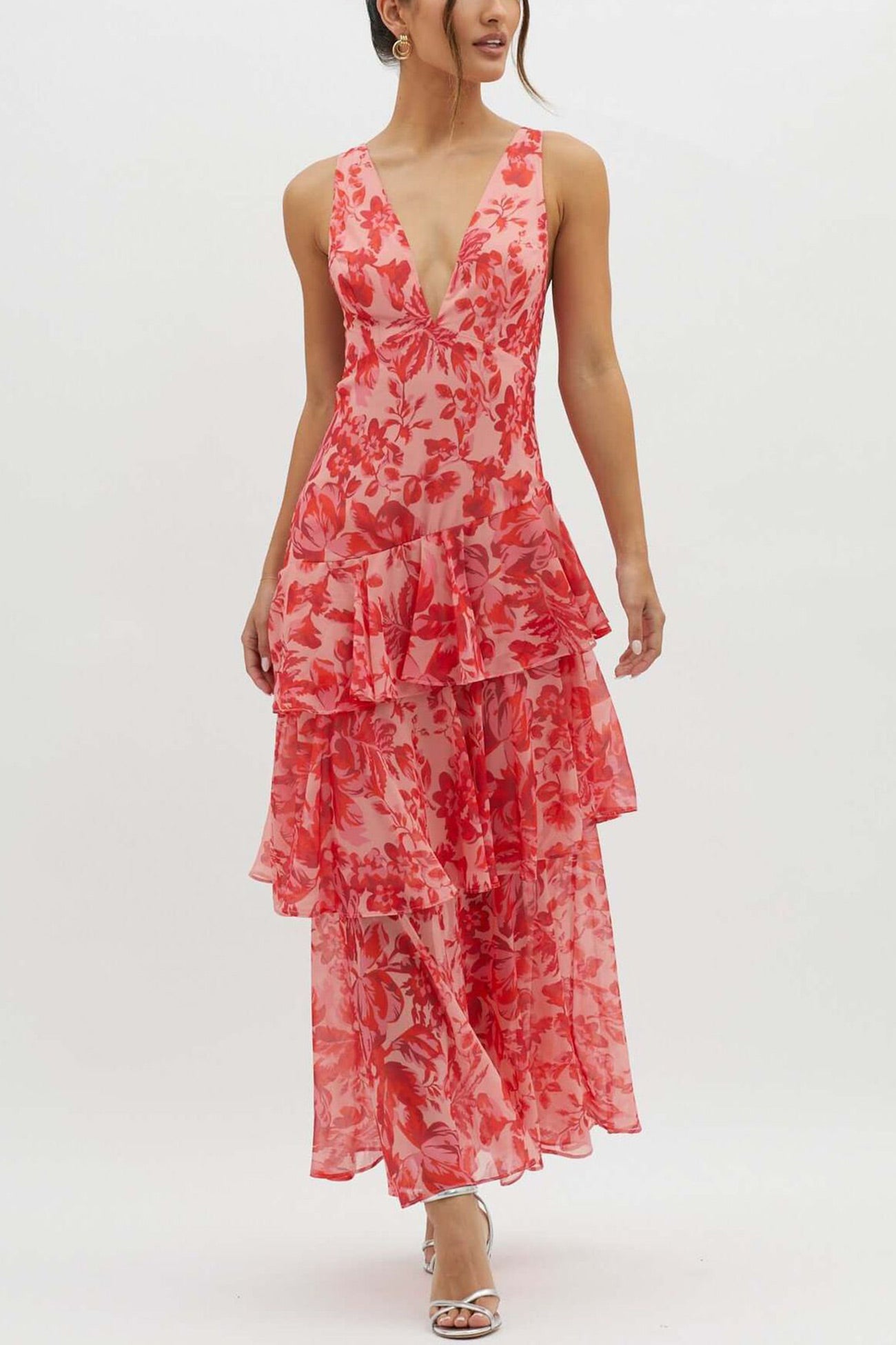 Floral Print Tie-up Back Chiffon Tiered Dress