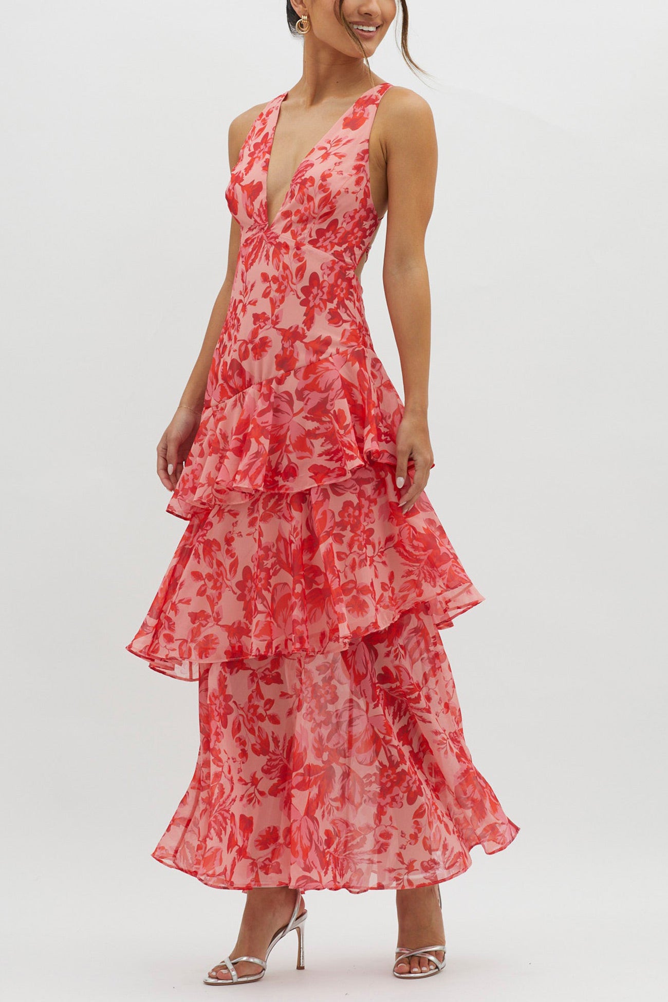 Floral Print Tie-up Back Chiffon Tiered Dress