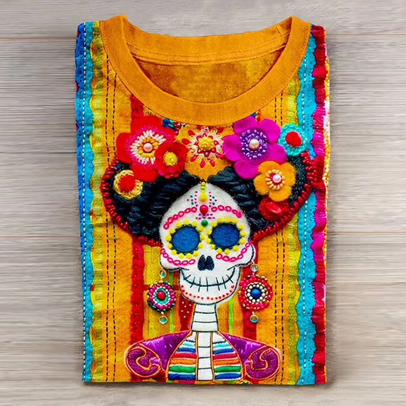 Mexican Sugar Skeleton Catrina Day Of The Dead Inspired Cotton Graphic T-Shirt