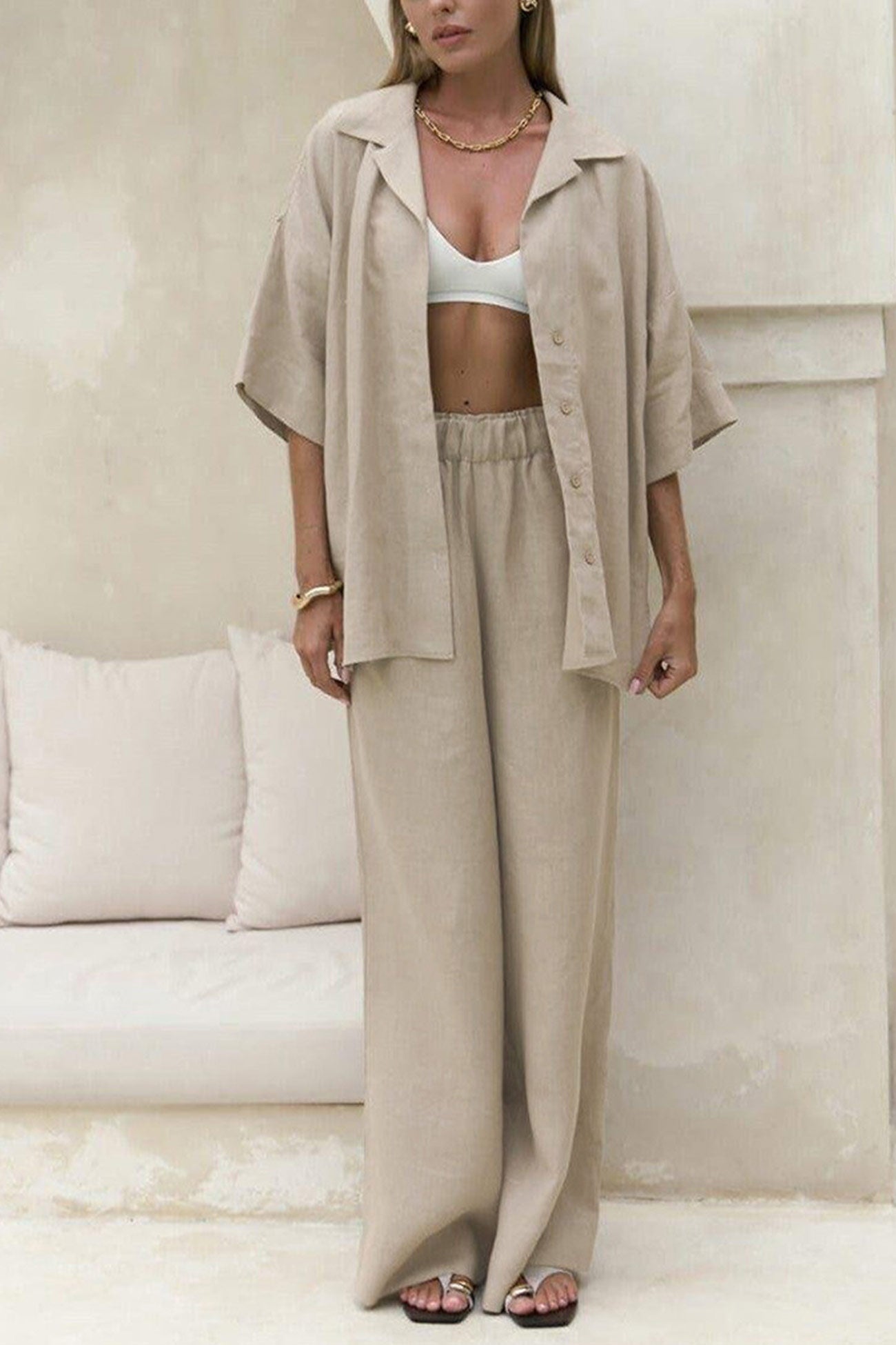 Solid Color Cotton Half Sleeve Blouse Pants Set