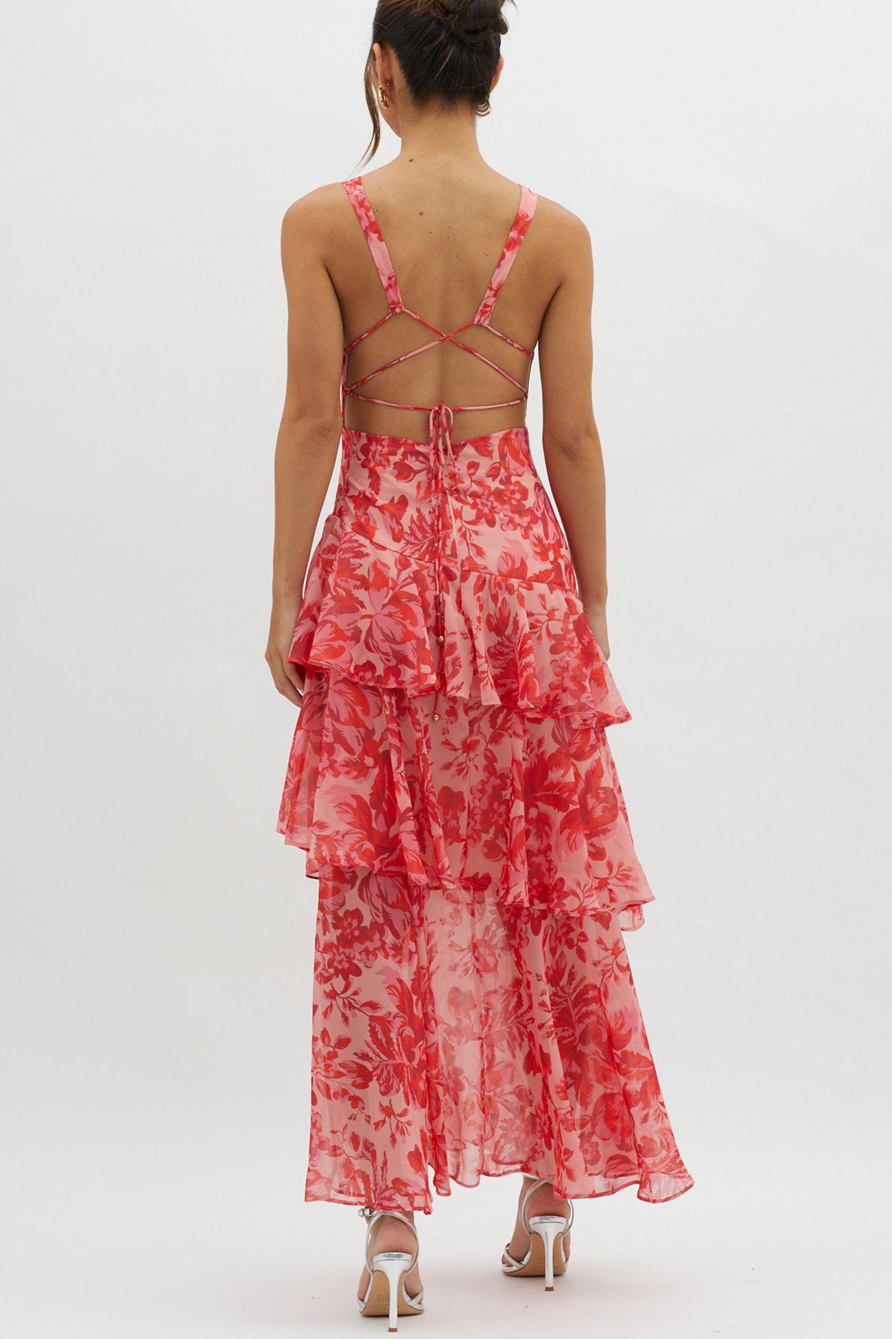 Floral Print Tie-up Back Chiffon Tiered Dress