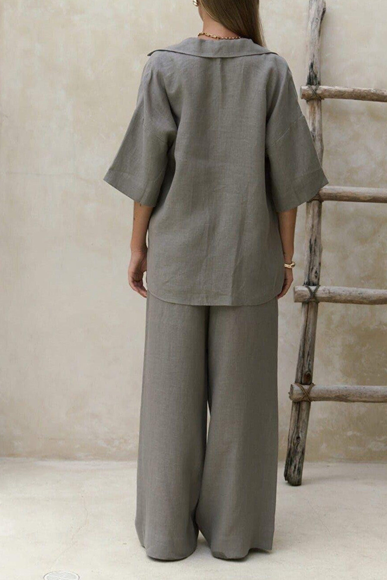 Solid Color Cotton Half Sleeve Blouse Pants Set
