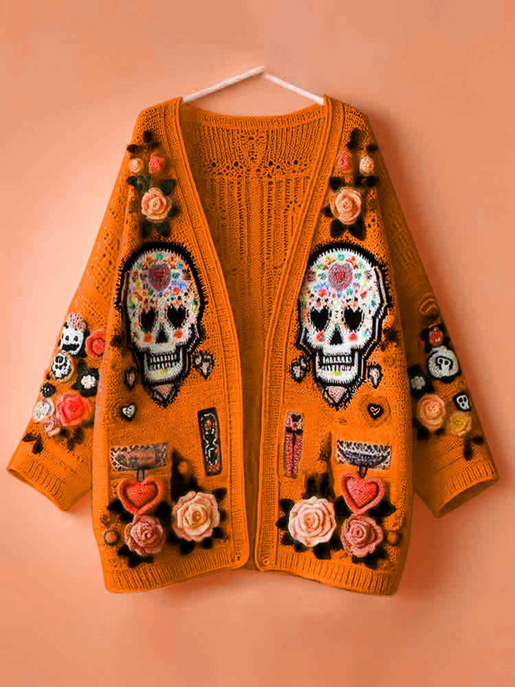 Women's Day Of The Dead Skull Rose Heart Pattern Sweater Cardigan
