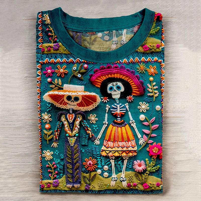 Mexican Catrina Day Of The Dead Sugar Skeleton Inspired Cotton Graphic T-Shirt