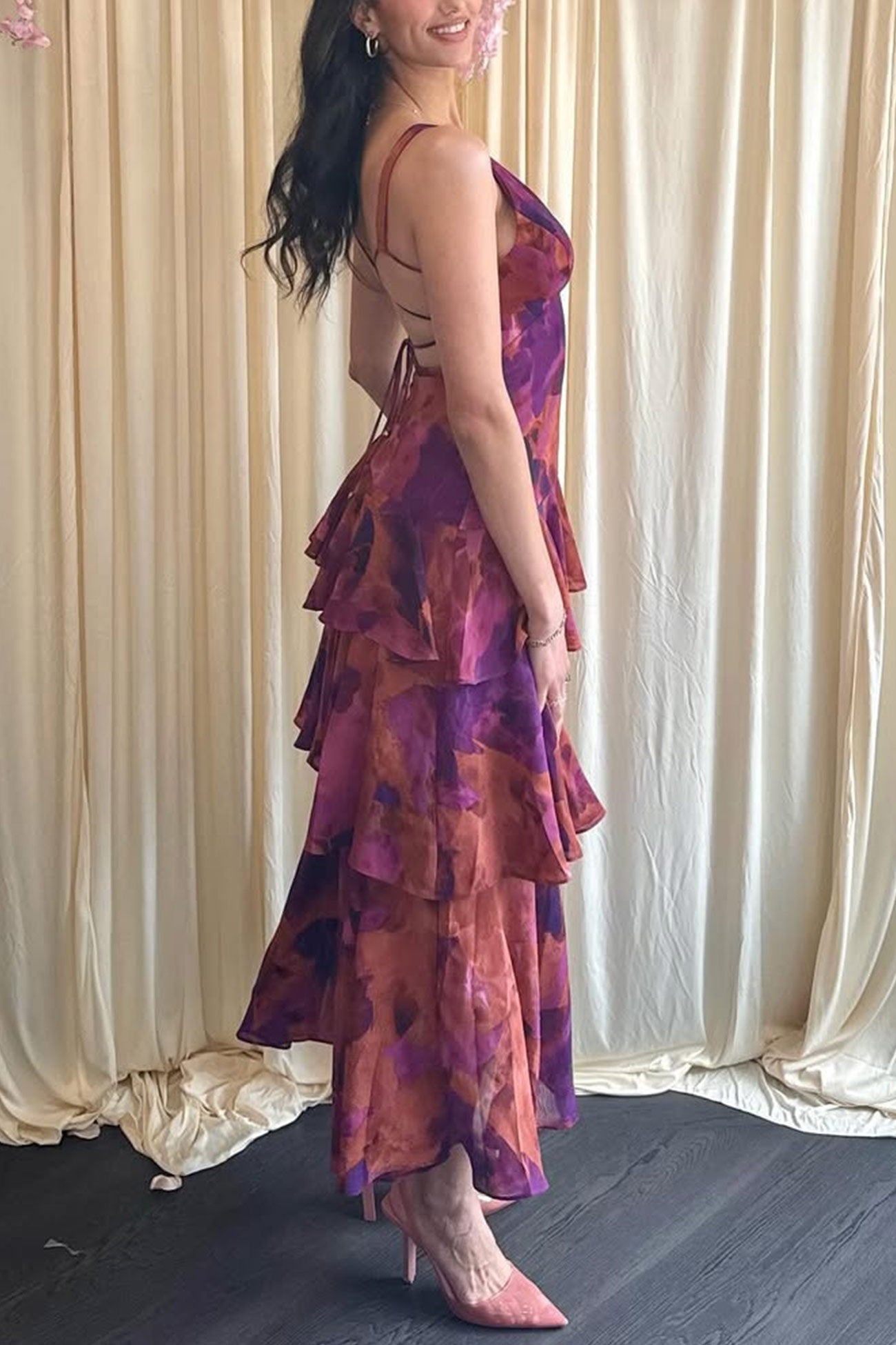 Floral Print Tie-up Back Chiffon Tiered Dress