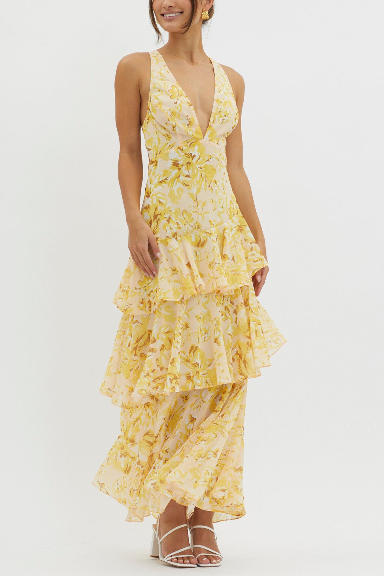 Floral Print Tie-up Back Chiffon Tiered Dress