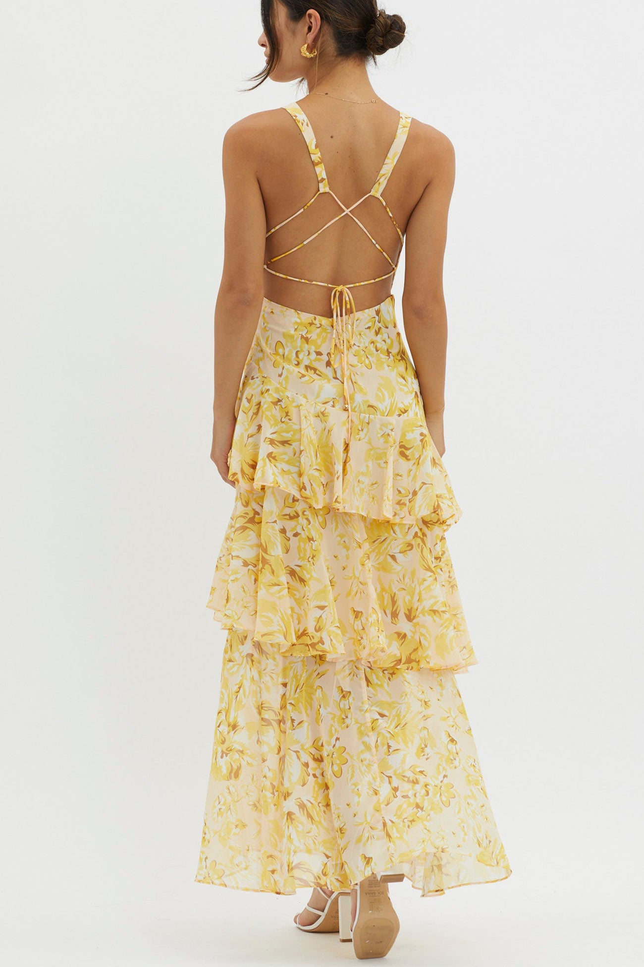 Floral Print Tie-up Back Chiffon Tiered Dress