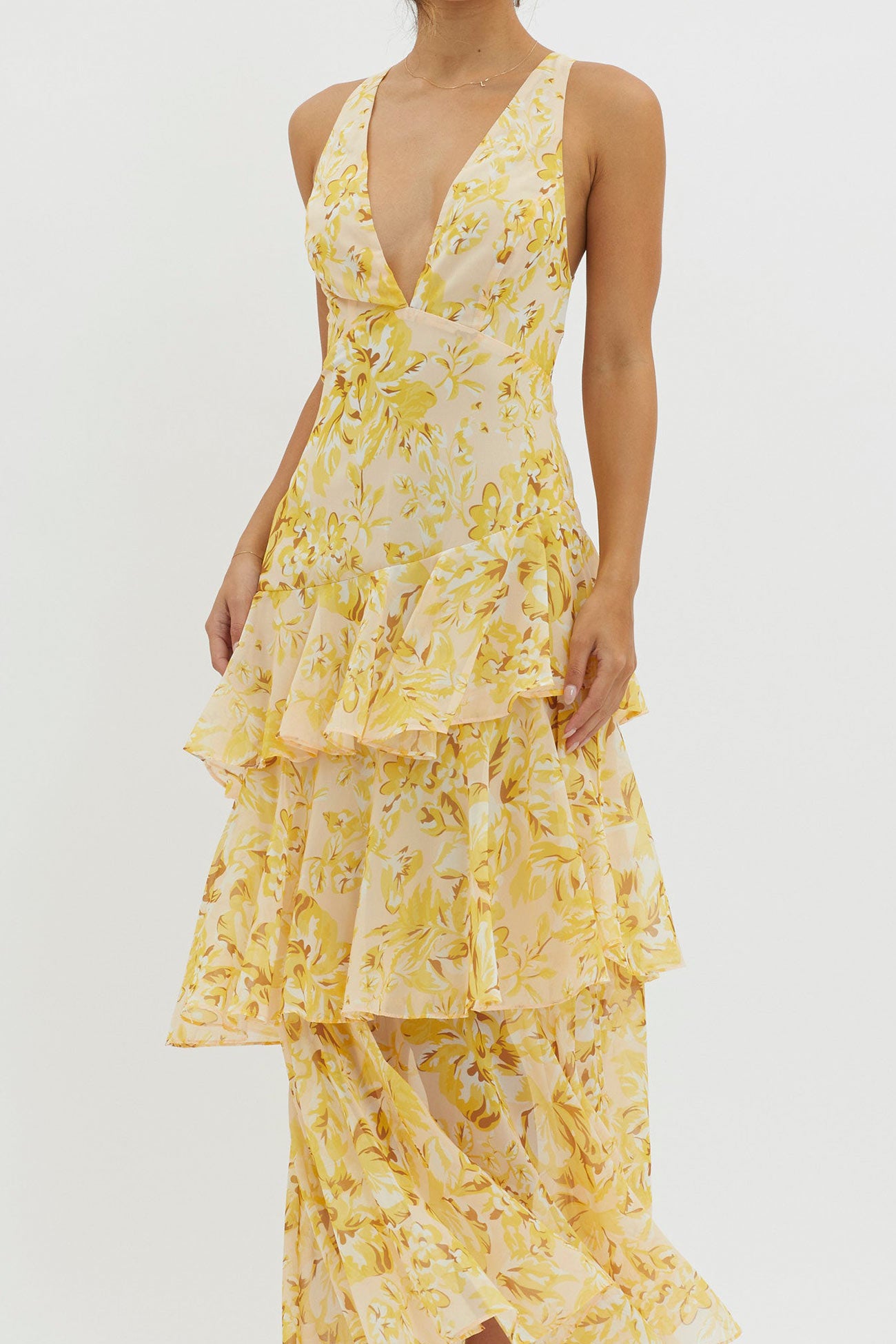 Floral Print Tie-up Back Chiffon Tiered Dress