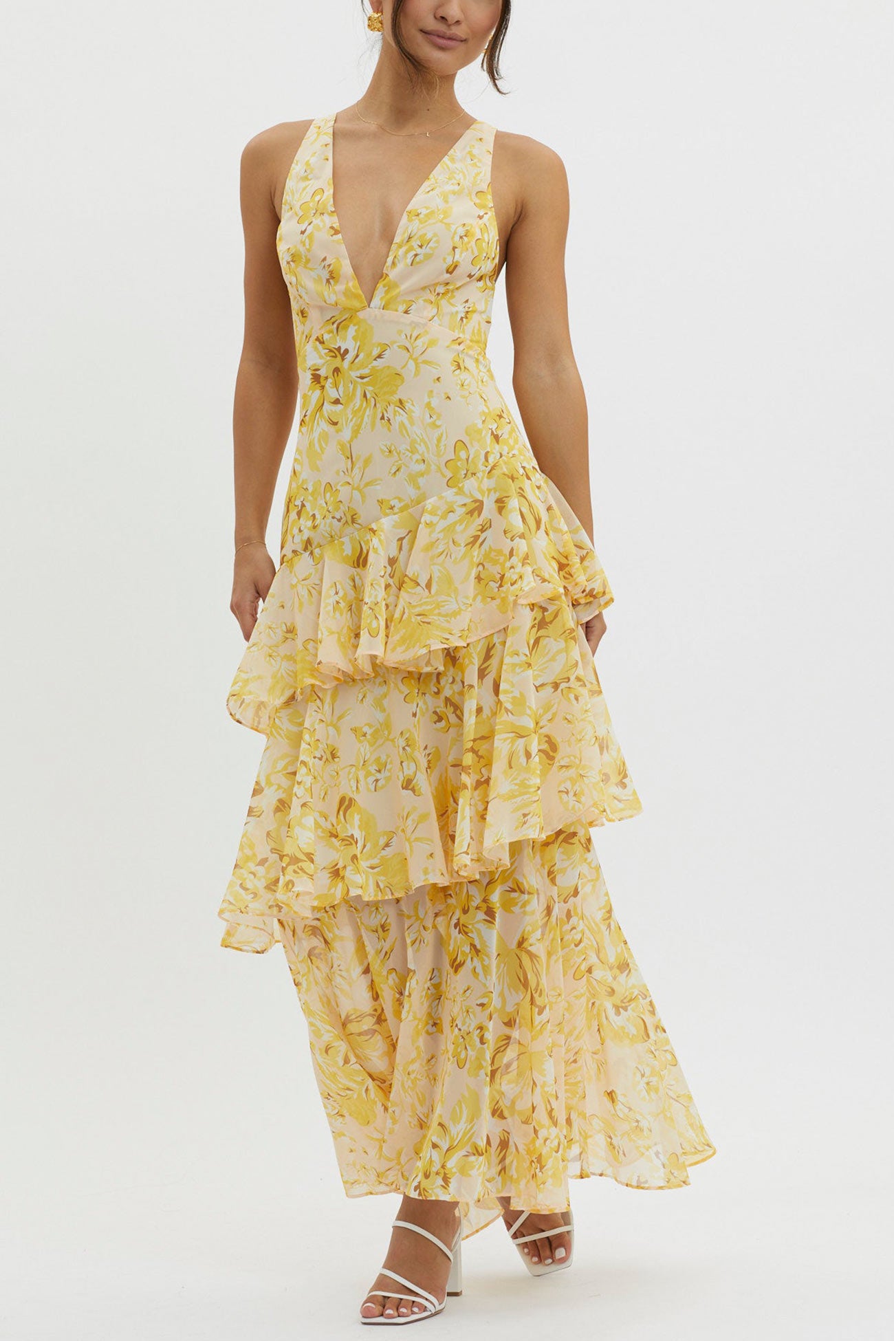 Floral Print Tie-up Back Chiffon Tiered Dress