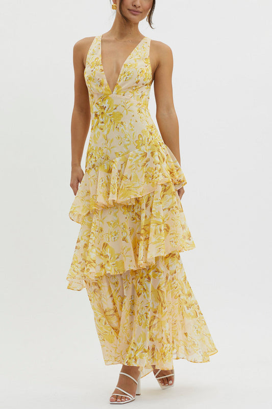 Floral Print Tie-up Back Chiffon Tiered Dress