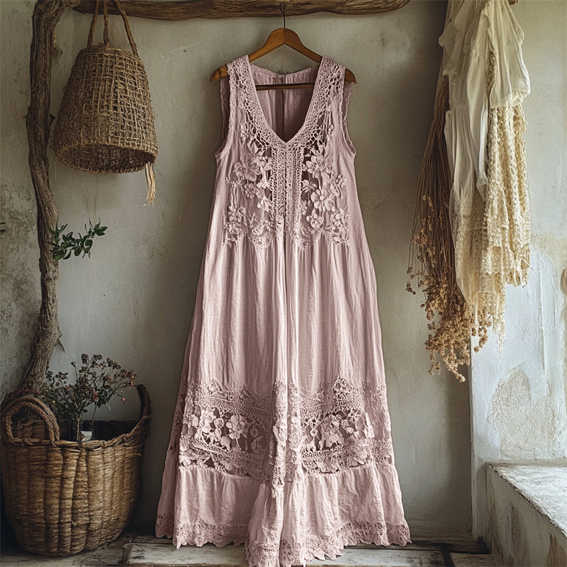 Vintage Floral Hollow Lace Patchwork Linen Maxi Dress