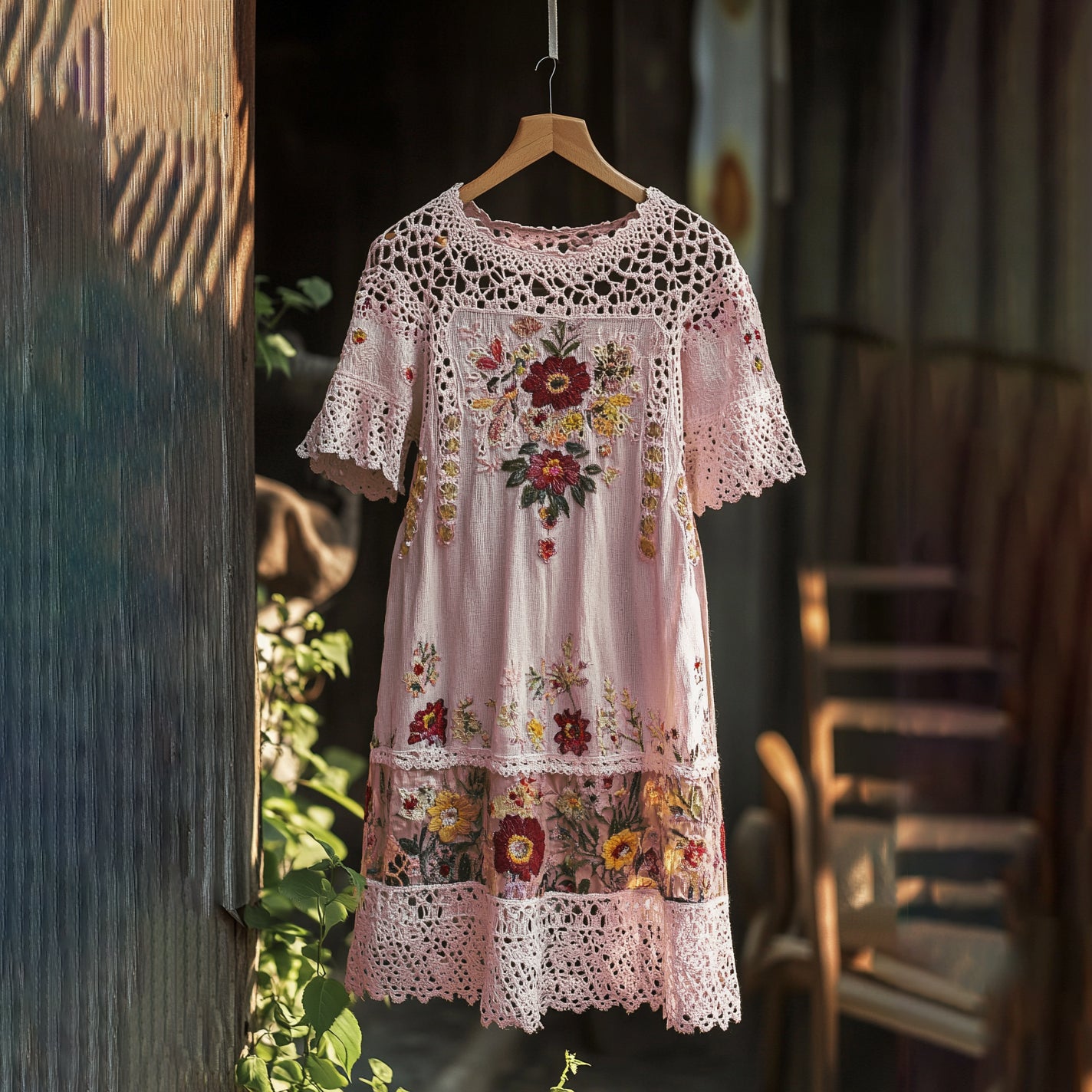 Women's Embroidered Floral Lace Round Neck Midi Dress