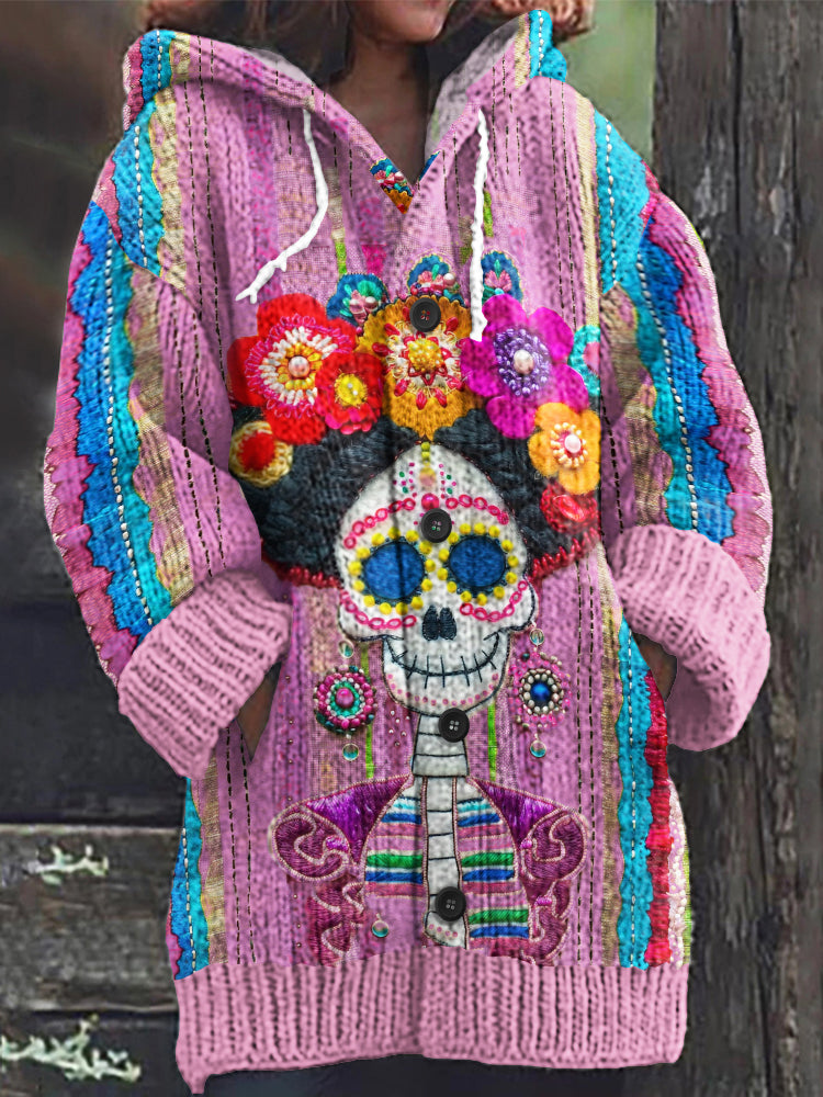 Vintage Mexican Sugar Skeleton Catrina Day Of The Dead Inspired Print Women's Sweater