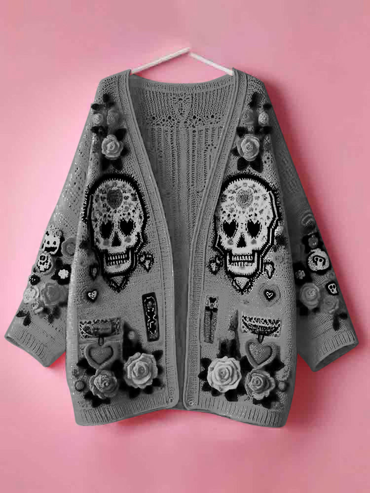 Women's Day Of The Dead Skull Rose Heart Pattern Sweater Cardigan