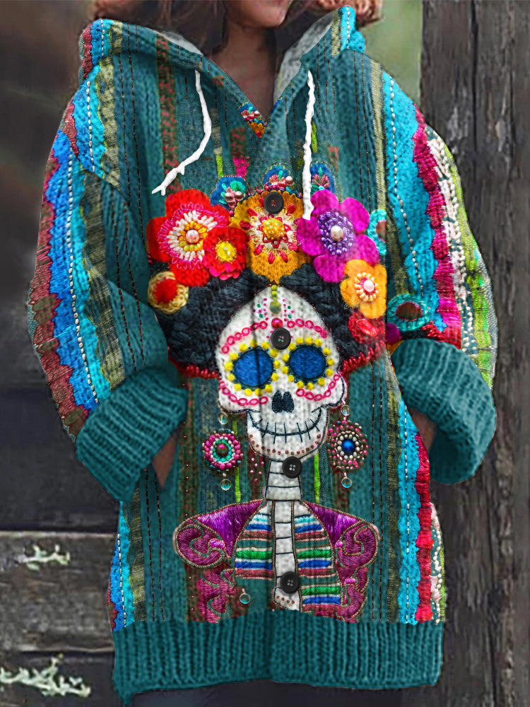 Vintage Mexican Sugar Skeleton Catrina Day Of The Dead Inspired Print Women's Sweater