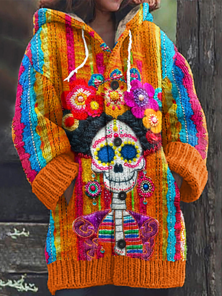 Vintage Mexican Sugar Skeleton Catrina Day Of The Dead Inspired Print Women's Sweater