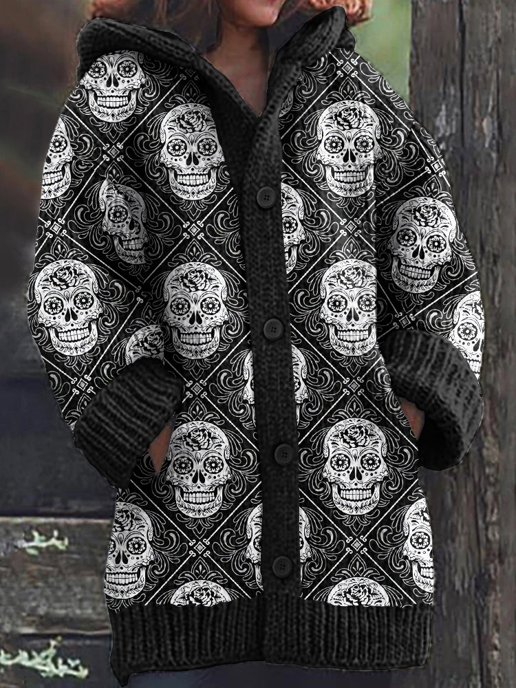 Mexican Skull Floral Art Knitted Warm Sweater Cardigan