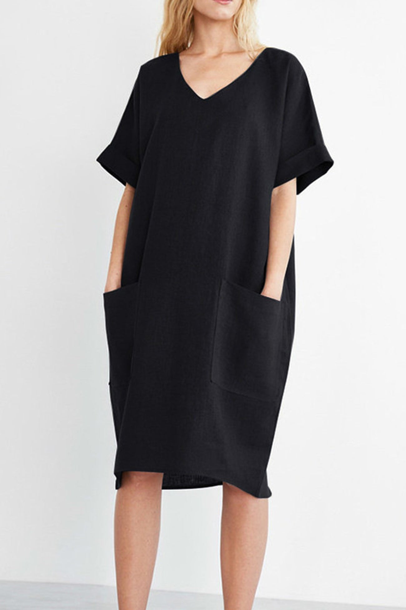 V-Neck Short Sleeve Pocketed Cotton Dress