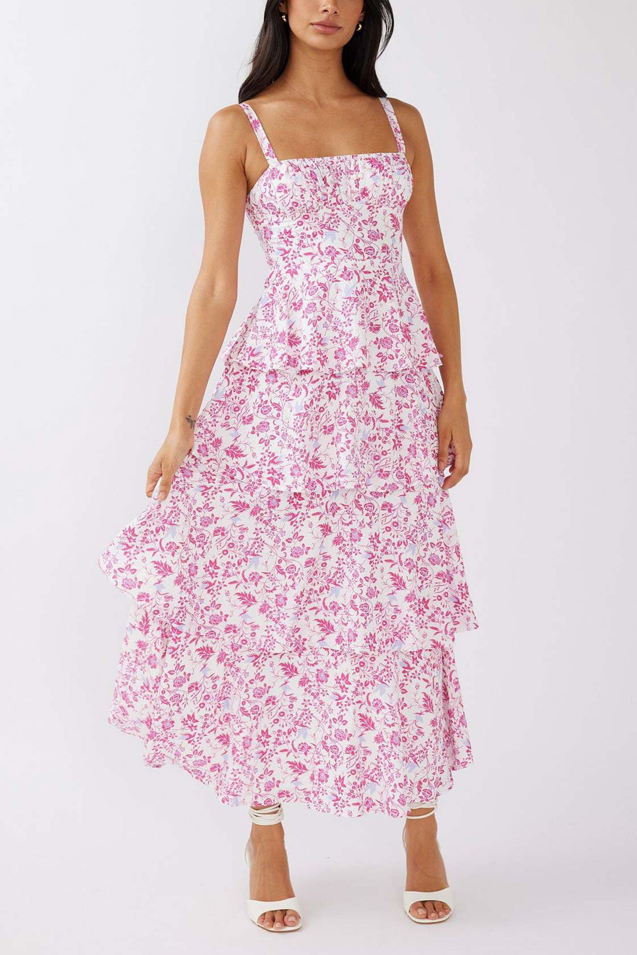 Floral Print Tie-up Tiered Midi Dress