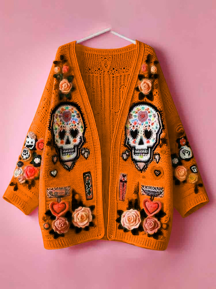 Women's Day Of The Dead Skull Rose Heart Pattern Sweater Cardigan