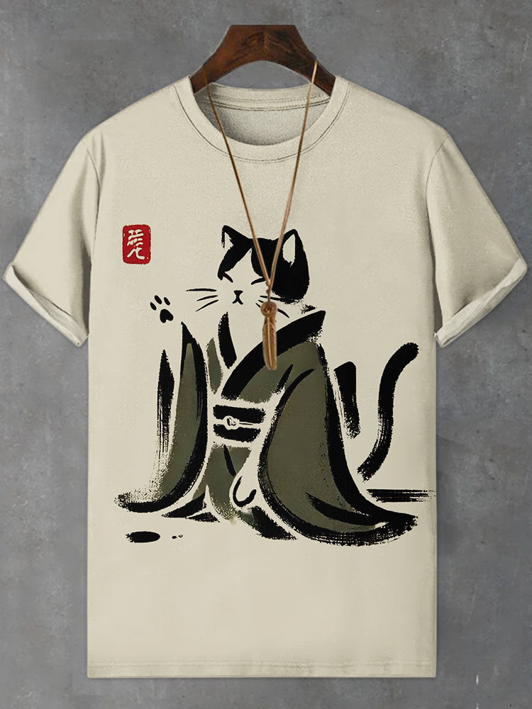 Men's Japanese Black Cat Art Print Comfortable T-shirt