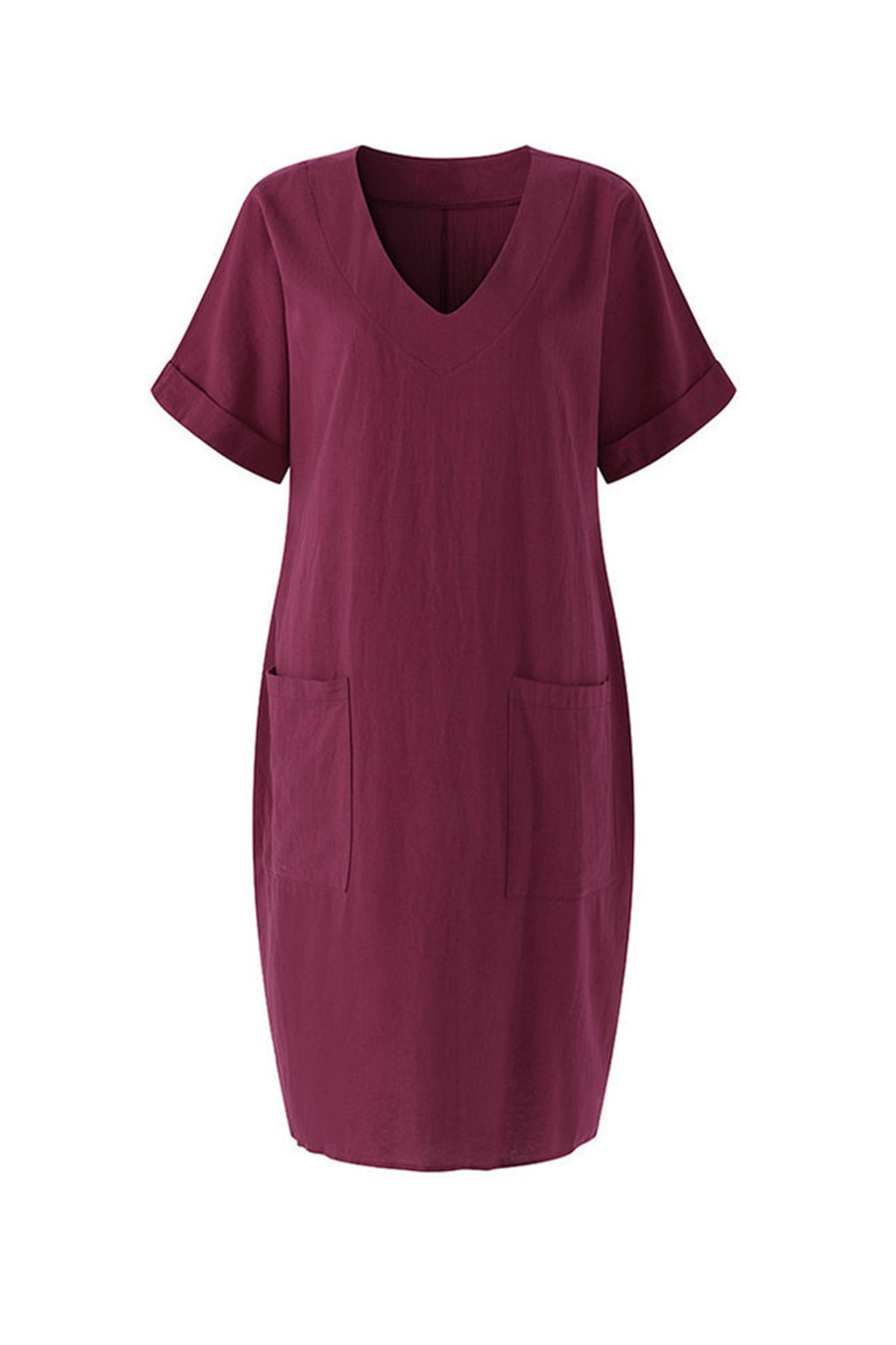 V-Neck Short Sleeve Pocketed Cotton Dress