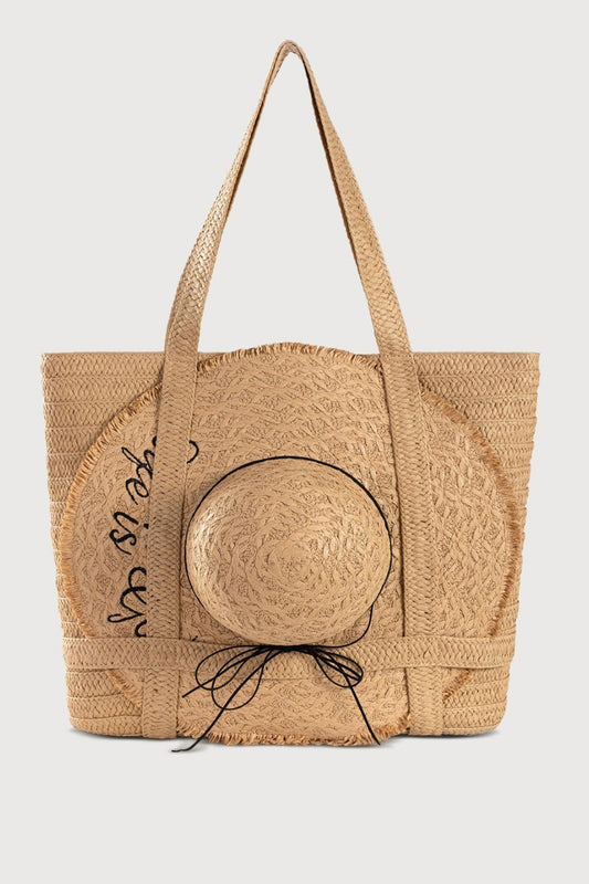 Handmade Solid Color Straw Bag With Hat