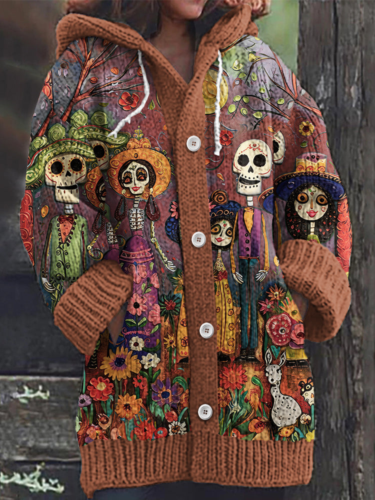 Vintage Mexican Day Of The Dead Skull Knit Cardigan Sweater