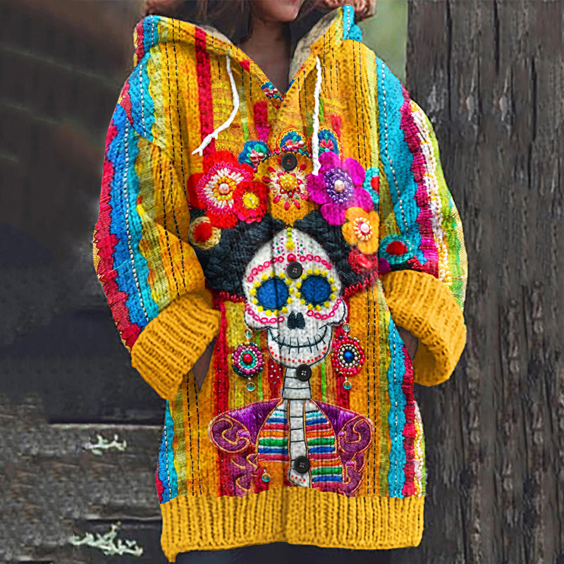 Vintage Mexican Sugar Skeleton Catrina Day Of The Dead Inspired Print Women's Sweater
